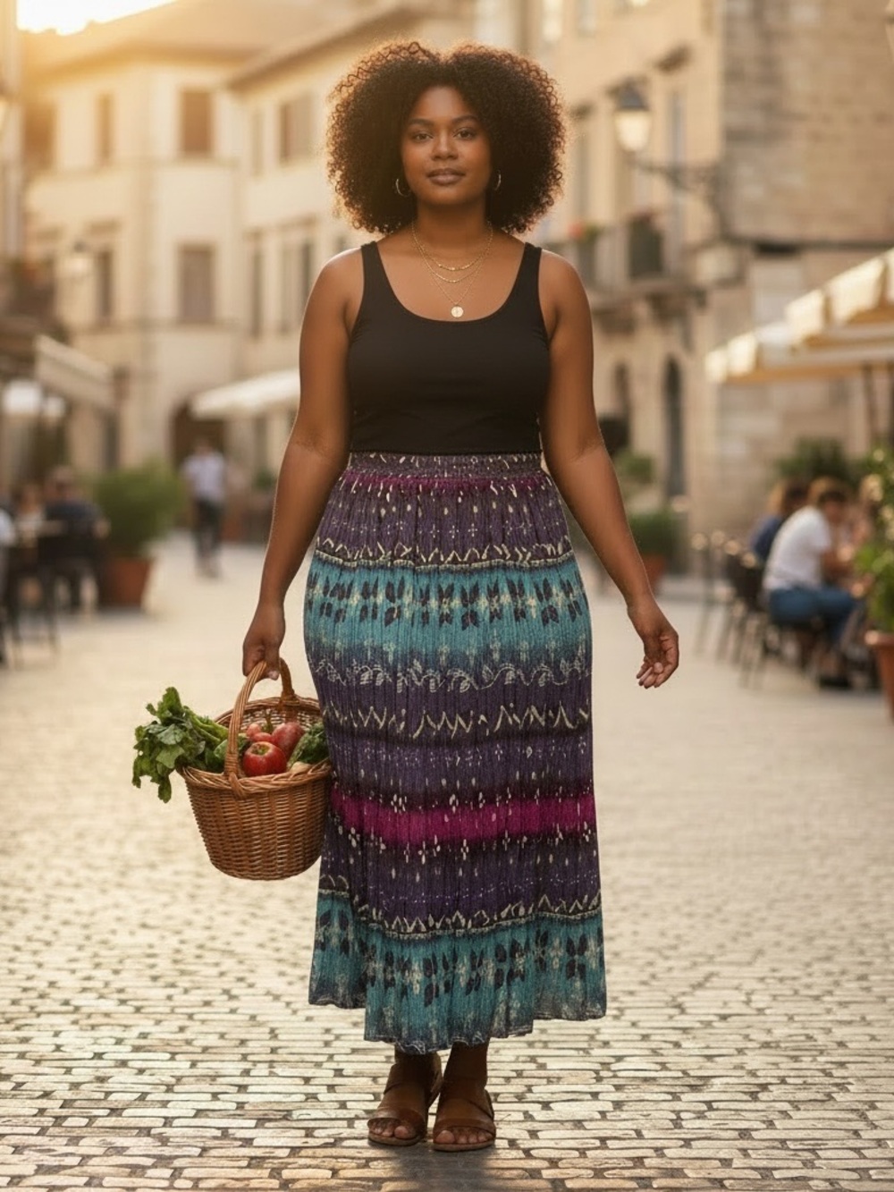 Sacred Threads Boho  Maxi Skirt in Teal & Purple and Magenta Cotton Batik OS